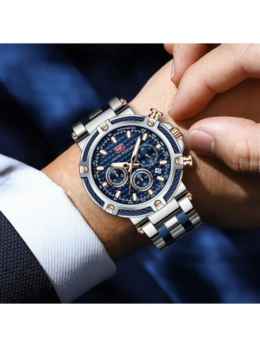 Men's Blue Silver Chronograph Big Face Stainless Steel Band Luminous Wrist Watch
